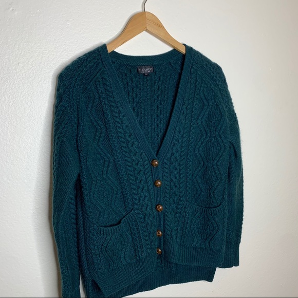 Topshop Green Cable Knit Button Up Cardigan V-Neck Sweater - Picture 2 of 9